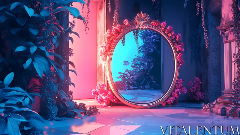 Enchanted floral portal glowing in neon twilight garden.