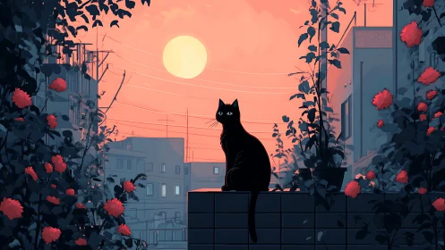 Black cat silhouette on urban rooftop at sunset.