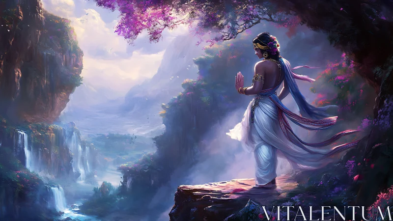 Figure on cliff edge overlooking misty waterfalls valley.