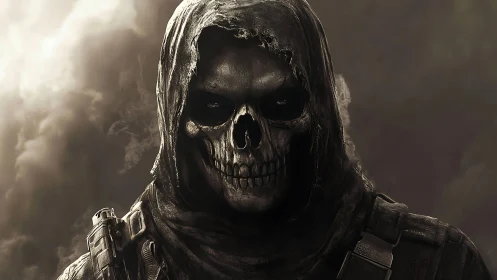 Tactical skull-masked operator in hooded combat gear portrait