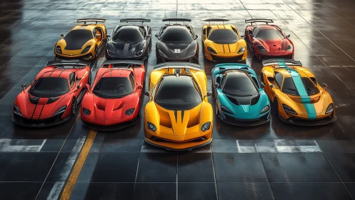 Vibrant supercar lineup glows on a sleek wet racetrack