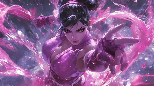 Martial artist projects swirling pink energy in dynamic attack