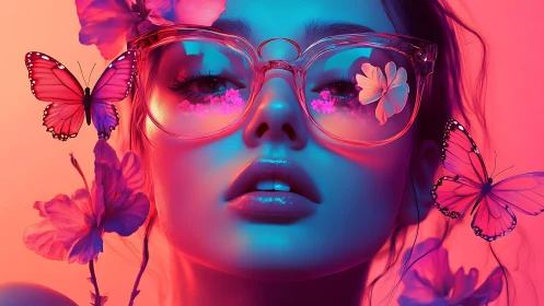 Neon daydream muse crowned with butterflies and glassy blooms.