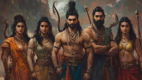 Mythic warrior quintet in ornate South Asian fantasy attire