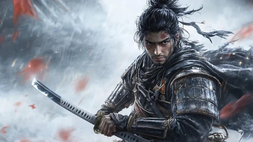 Lone samurai warrior braving the storm with steady resolve.