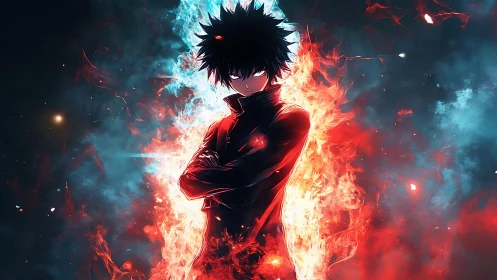 Dark-haired anime figure amid split blue and red flames.