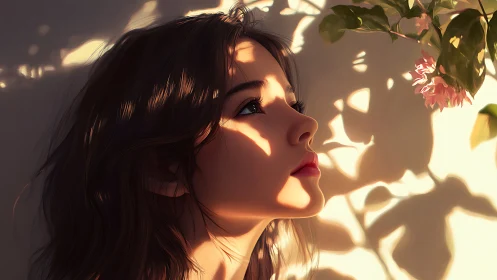Side-lit female profile with botanical shadow projection study.