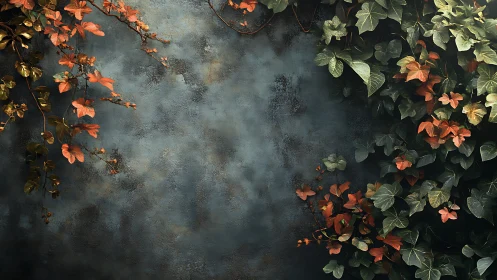 Autumn ivy foliage framing textured blue concrete wall.