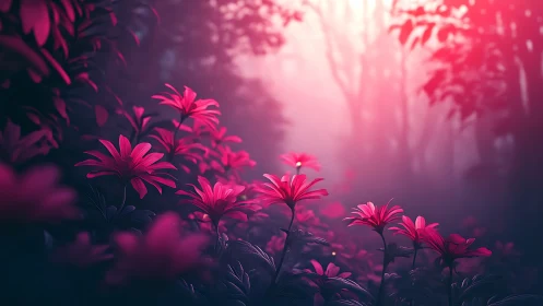 Pink Flowers Glowing in Soft Misty Garden Light