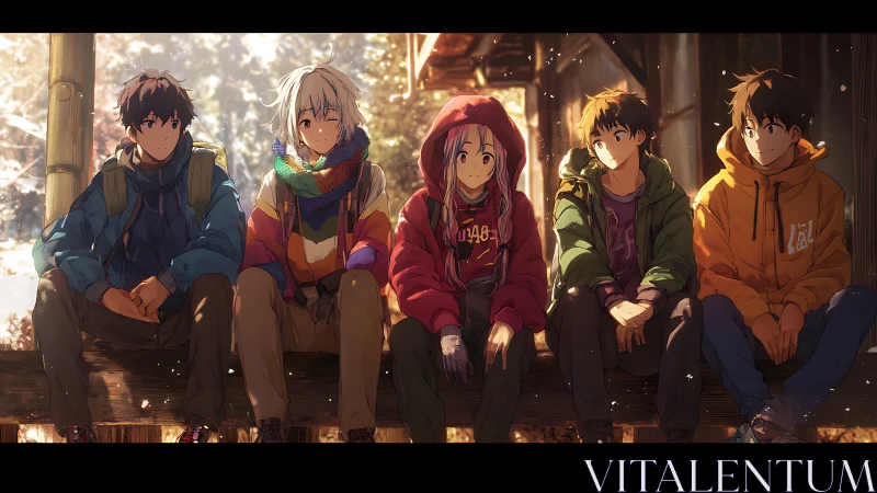 Five seated youths in winter clothing face forward on ledge