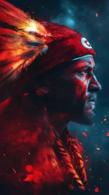 Fiery tribal warrior portrait in glowing ember smoke.