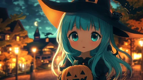 Moonlit pumpkin witchlet wanders softly through autumn glow.