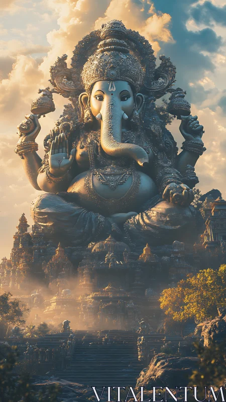 Colossal Ganesha monument rendered with atmospheric volumetric lighting