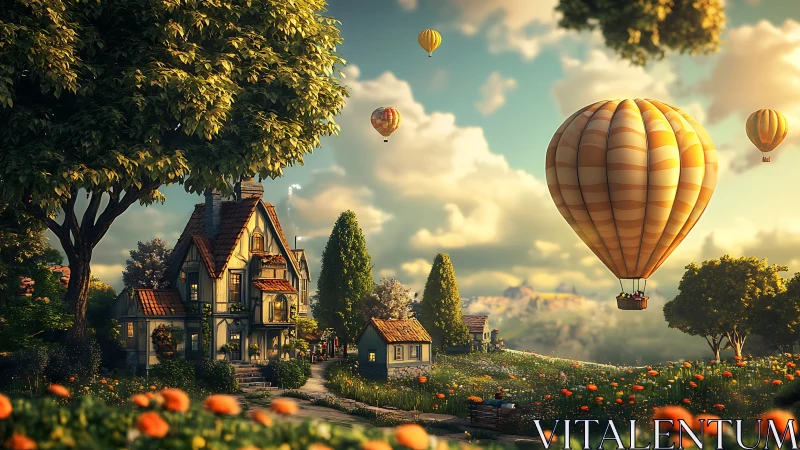 Whimsical countryside cottage under sunrise hot air balloons.