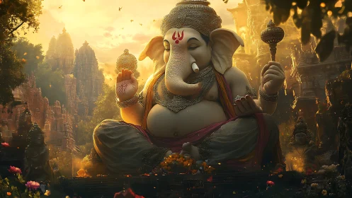 Majestic Ganesha idol glows amid golden temple ruins at dusk