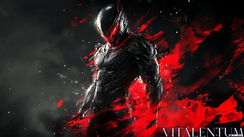 Cybernetic assassin in red kinetic splatter composition.