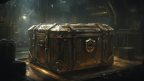 Metallic cargo container sits in dim industrial interior