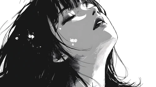 Monochrome portrait captures a woman in quiet emotional release.