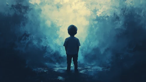 Silhouetted child stands before diffuse luminous background