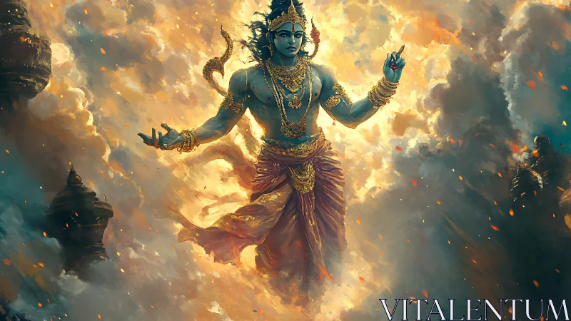 Blue-skinned figure levitates in cloud-filled atmospheric space