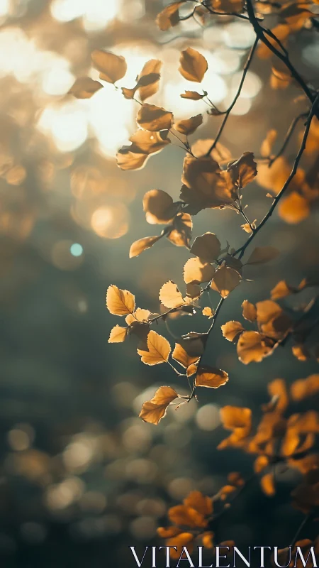 Golden leaves hanging in warm backlit forest bokeh glow.