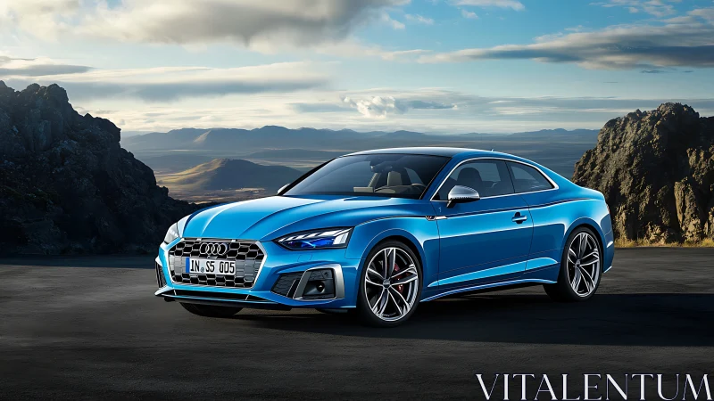 Blue Audi coupe parked on mountain road at sunset.