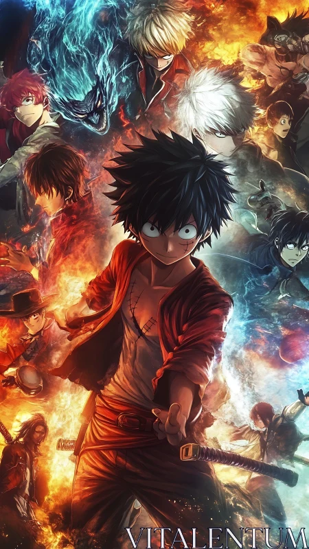 Dynamic anime ensemble with fiery dual-color battle composition.