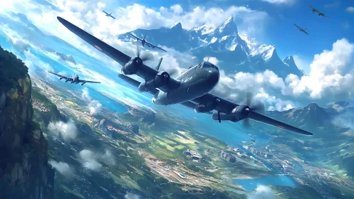 Military propeller aircraft squadron over alpine valley.