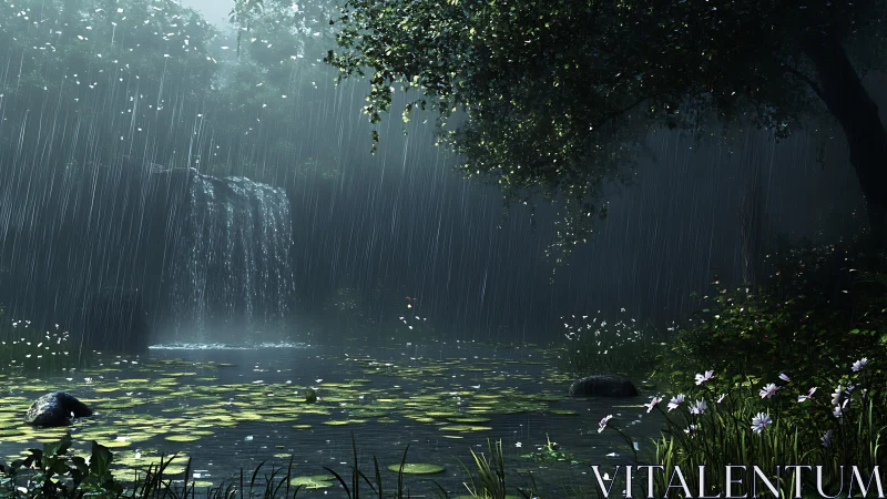 Rain-soaked forest waterfall over lily-dotted reflective pond.