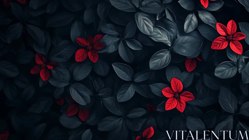 Red five-petaled flowers among dark desaturated foliage.