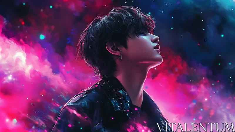 Side-profile portrait immersed in neon nebula color diffusion