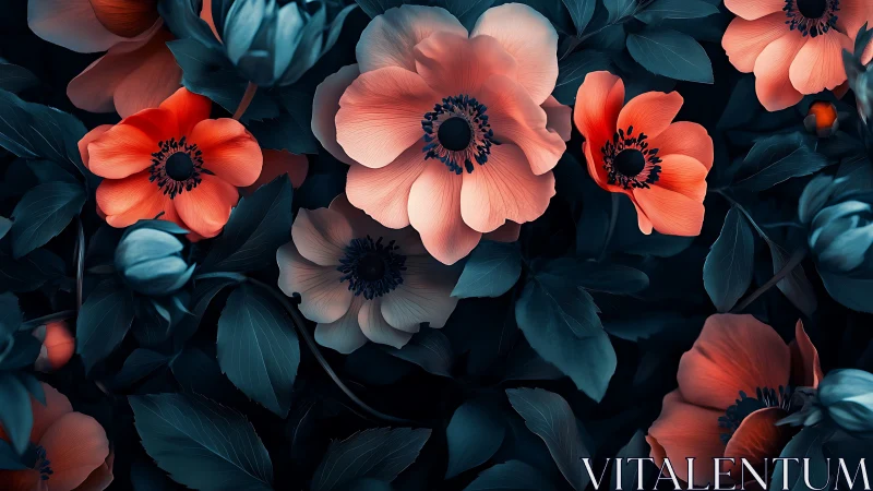 Luminous Coral Anemones With Dark Teal Foliage Rendered in 3D.