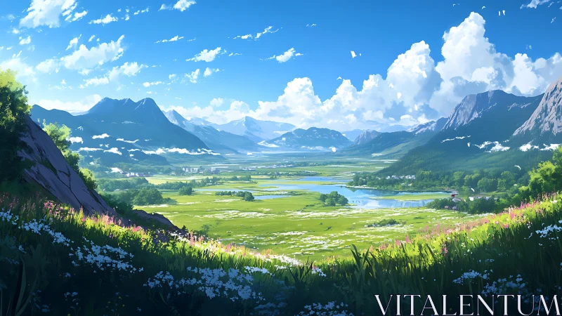 Wide-angle alpine valley panorama with luminous atmospheric depth