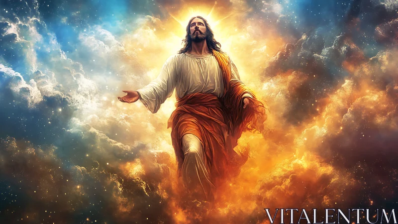 Radiant robed figure ascending through glowing cosmic clouds.