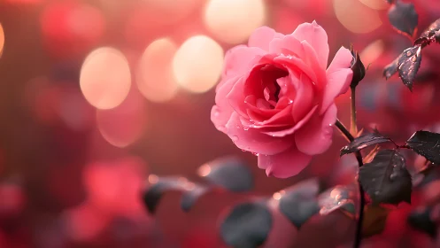 Pink Rose with Bokeh Background and Water Droplets.