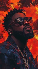 Male figure in sunglasses against abstract orange foliage.