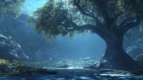 Moonlit forest giant watching over a quiet blue stream.