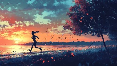 Silhouetted runner chases the sunrise along a glowing lakeshore