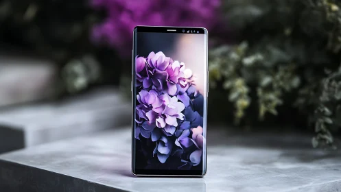Premium smartphone displaying vibrant purple hydrangea blooms with studio lighting