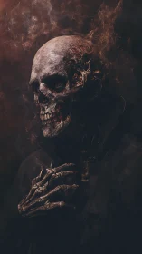 Skeletal figure in dark cloak with smoking, damaged skull