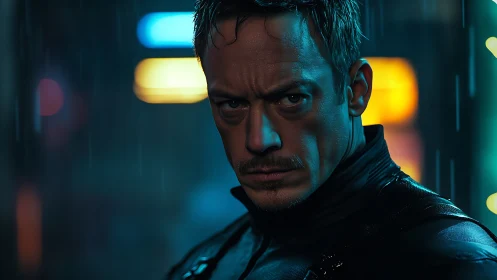 Brooding cyberpunk operative in neon rain-soaked alley portrait.