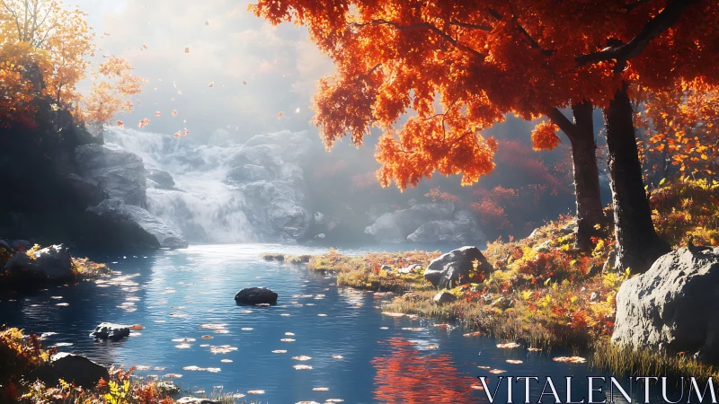 Rendered autumn river scene shows waterfall, rocks and trees