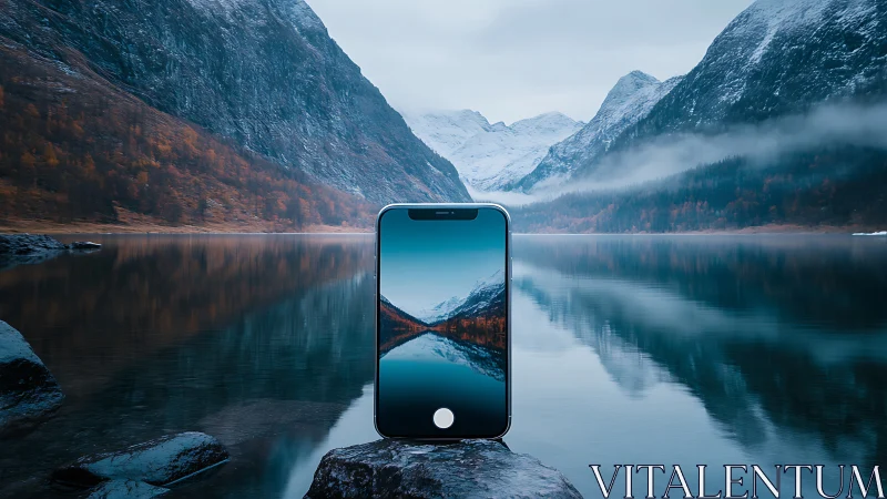 Smartphone frames mirrored fjord under winter mountains.