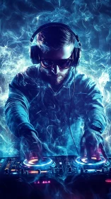 DJ controls illuminated mixer deck in vivid blue neon smoke