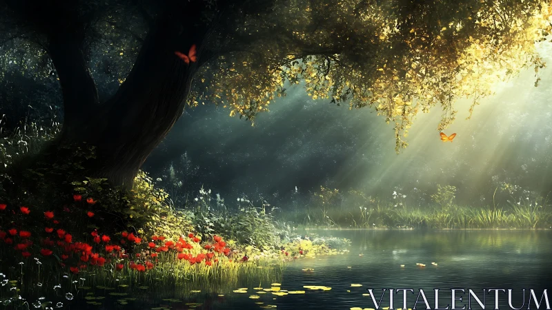 Sunlit forest pond glows softly beneath drifting butterflies