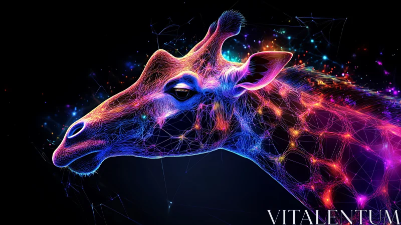 Neon linework outlines a digital giraffe profile on black