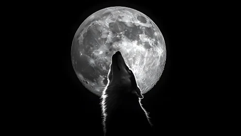 Silhouetted canine stands before detailed full moon disk