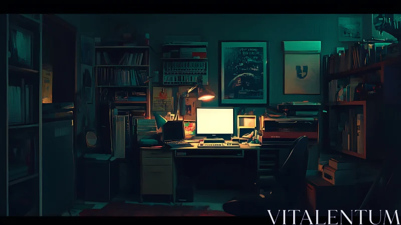 Dimly lit home office workstation with bookshelves and desk.