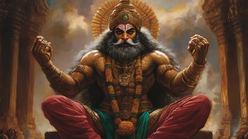 Mythic warrior figure seated in ornate temple interior.