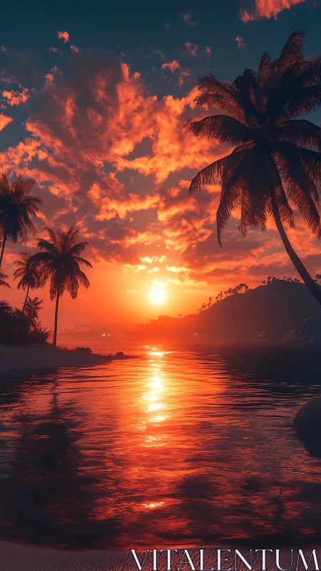 Tropical shoreline glowing under a dreamy molten sunset sky.